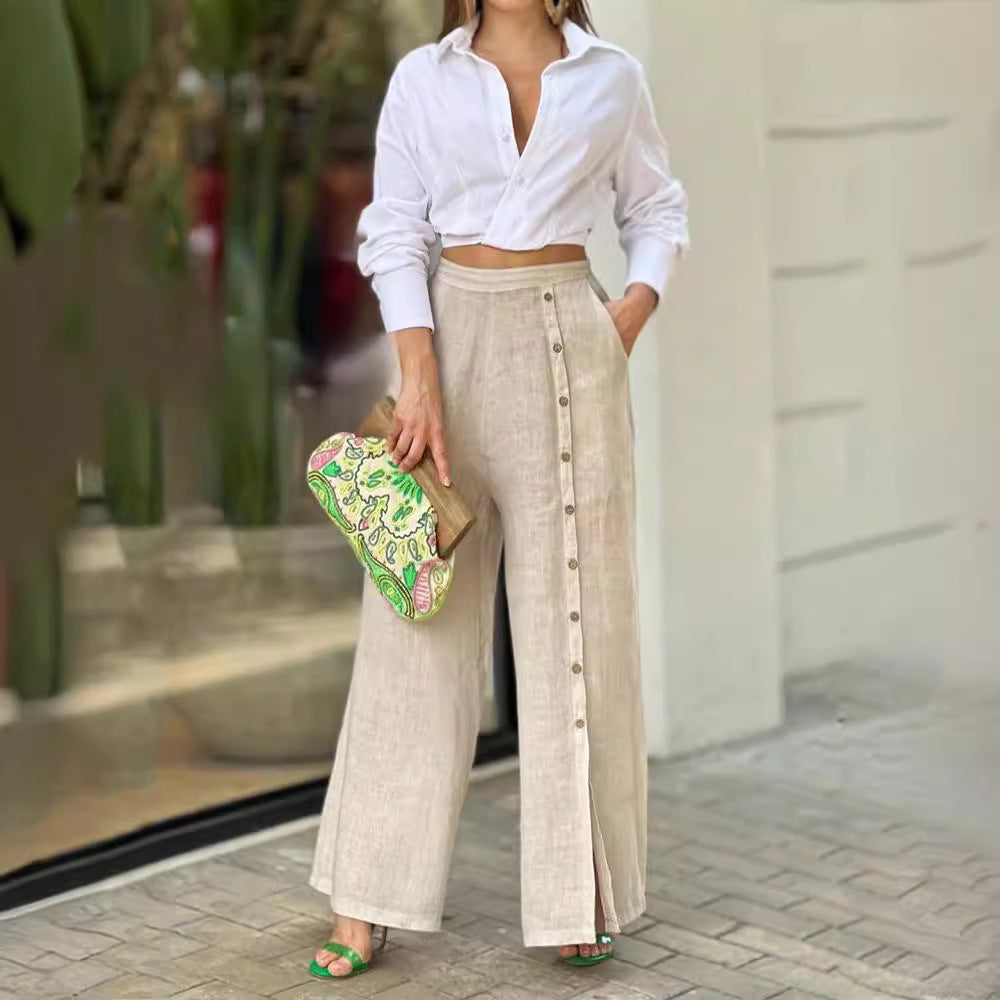 Conjunto de Camisa con Solapas de Algodón y Pantalones Sueltos